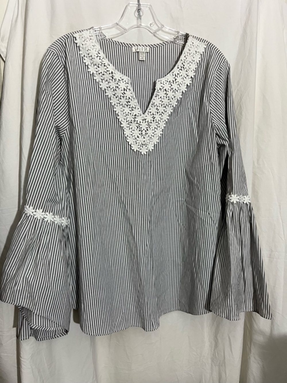 Spense Black & White Striped V-Neck Blouse with Lace Trim